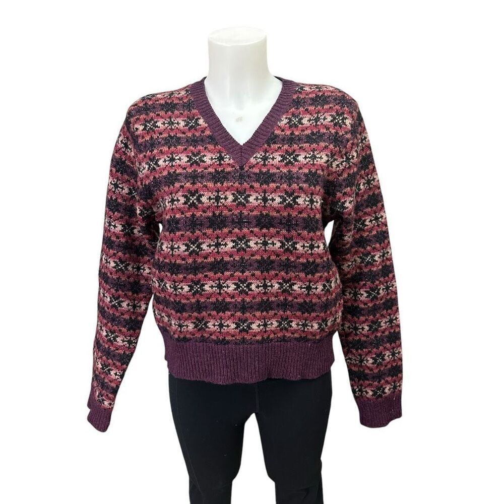 American‎ Eagle Outfitters Purple Fair Isle Knit V Neck Wool Blend Sweater Large